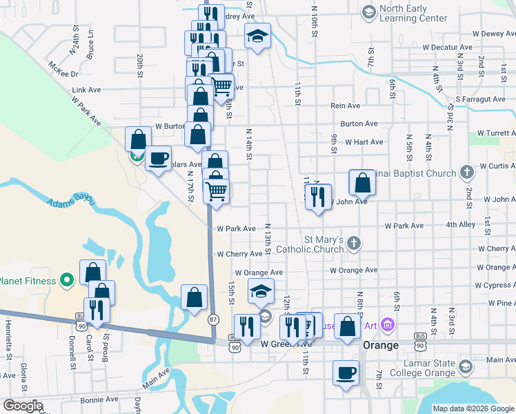 map of restaurants, bars, coffee shops, grocery stores, and more near 1407 West John Avenue in Orange