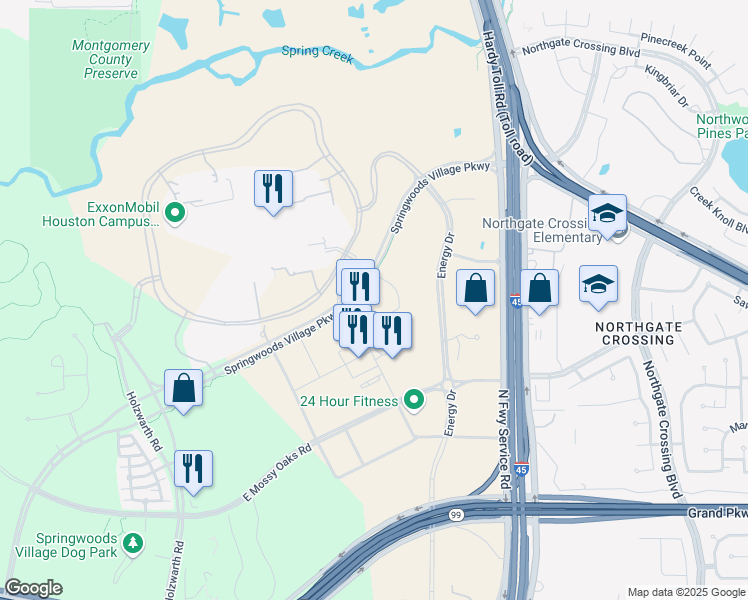 map of restaurants, bars, coffee shops, grocery stores, and more near 23153 Springwoods Village Parkway in Spring