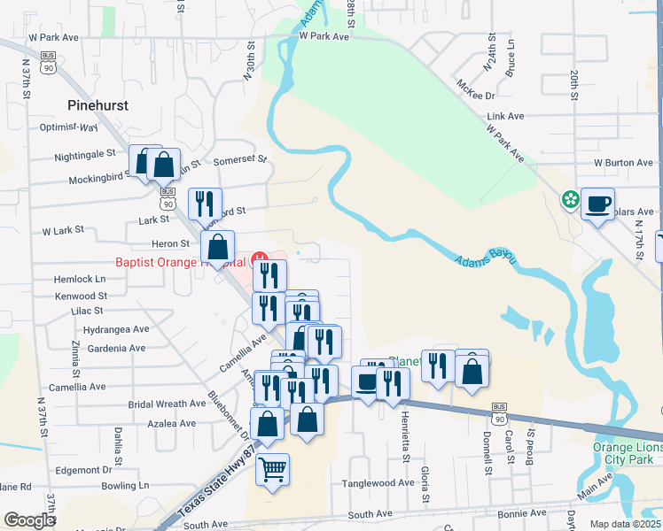 map of restaurants, bars, coffee shops, grocery stores, and more near 2925 Gull Street in Orange
