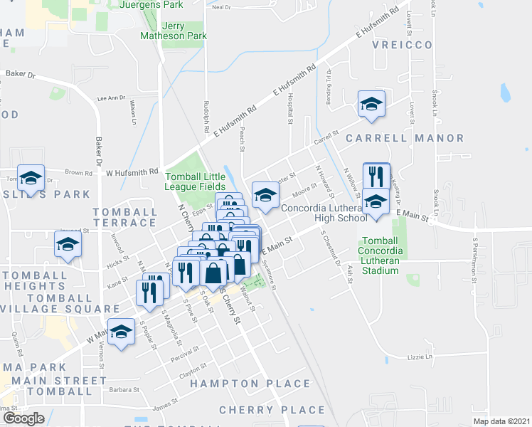 map of restaurants, bars, coffee shops, grocery stores, and more near 207 Peach Street in Tomball