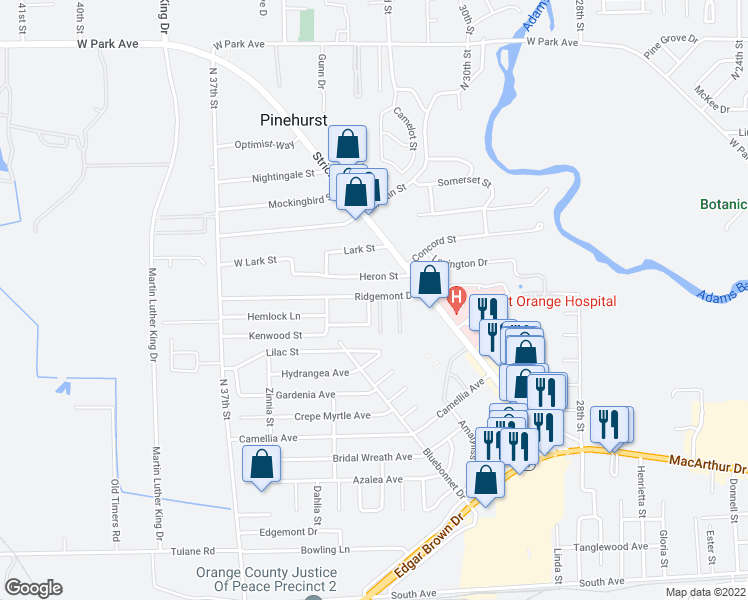 map of restaurants, bars, coffee shops, grocery stores, and more near 1332 Bay Street in Orange