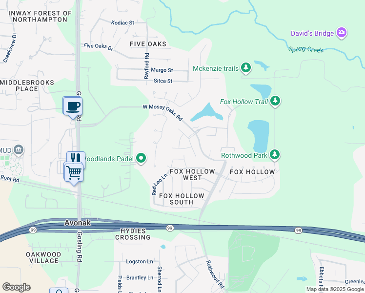 map of restaurants, bars, coffee shops, grocery stores, and more near 23002 Mulberry Tree Lane in Spring
