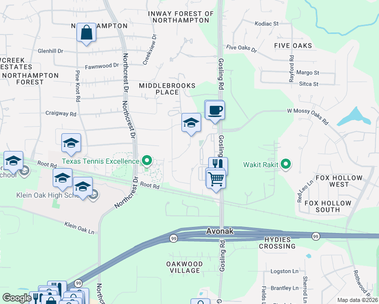 map of restaurants, bars, coffee shops, grocery stores, and more near 23022 Hampton Forest Lane in Spring