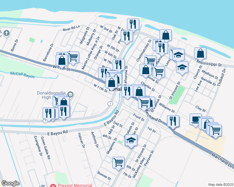 map of restaurants, bars, coffee shops, grocery stores, and more near 3739 Louisiana 1 in Donaldsonville
