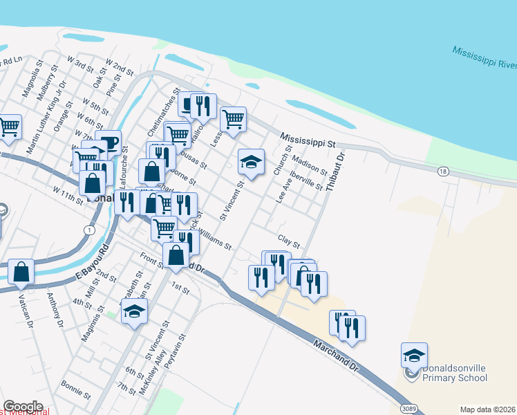 map of restaurants, bars, coffee shops, grocery stores, and more near Church Street in Donaldsonville