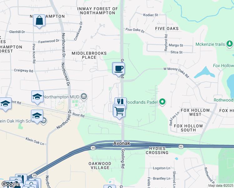 map of restaurants, bars, coffee shops, grocery stores, and more near 23015 Northoak Forest Lane in Spring