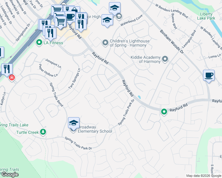 map of restaurants, bars, coffee shops, grocery stores, and more near 2518 Marufo Vega Drive in Spring
