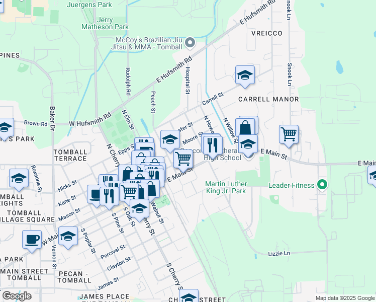 map of restaurants, bars, coffee shops, grocery stores, and more near 201 North Live Oak Street in Tomball