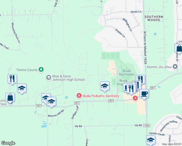 map of restaurants, bars, coffee shops, grocery stores, and more near 3830 Farm to Market 967 in Buda