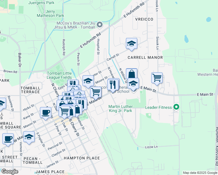 map of restaurants, bars, coffee shops, grocery stores, and more near 403 Texas Street in Tomball