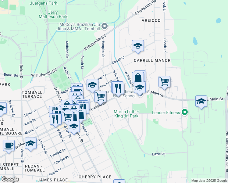 map of restaurants, bars, coffee shops, grocery stores, and more near 403 Texas Street in Tomball