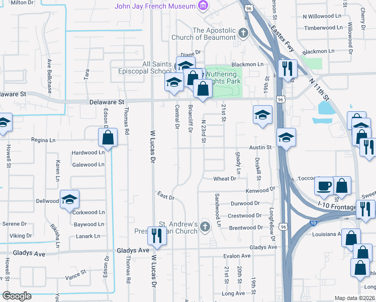 map of restaurants, bars, coffee shops, grocery stores, and more near 2099 Briarcliff Drive in Beaumont