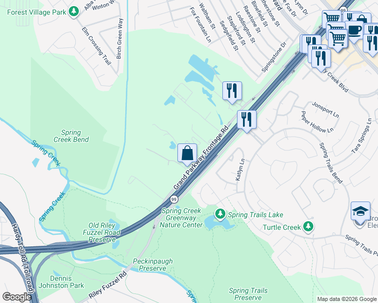 map of restaurants, bars, coffee shops, grocery stores, and more near 1801 Riley Fuzzel Road in Spring