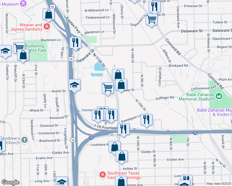 map of restaurants, bars, coffee shops, grocery stores, and more near in Beaumont