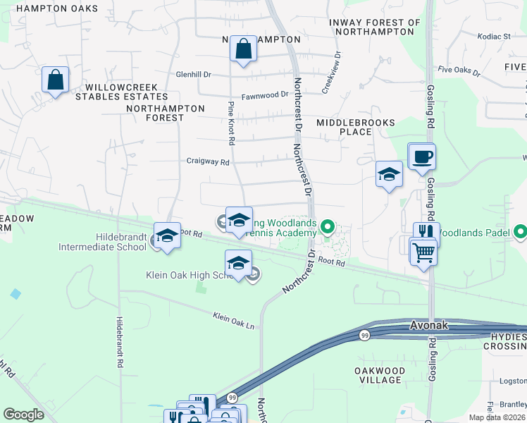 map of restaurants, bars, coffee shops, grocery stores, and more near 6311 Allentown Drive in Spring