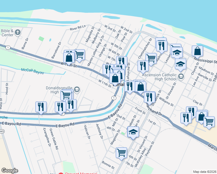 map of restaurants, bars, coffee shops, grocery stores, and more near 113 West 11th Street in Donaldsonville
