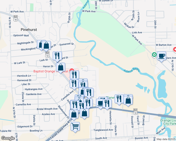 map of restaurants, bars, coffee shops, grocery stores, and more near 2925 Gull Street in Orange