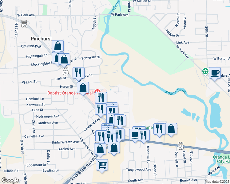 map of restaurants, bars, coffee shops, grocery stores, and more near Lexington Drive in Orange