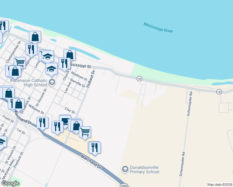 map of restaurants, bars, coffee shops, grocery stores, and more near 115 Landry Lasseigne Street in Donaldsonville