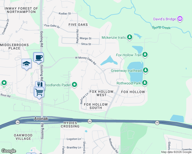 map of restaurants, bars, coffee shops, grocery stores, and more near 23002 Mulberry Tree Lane in Spring