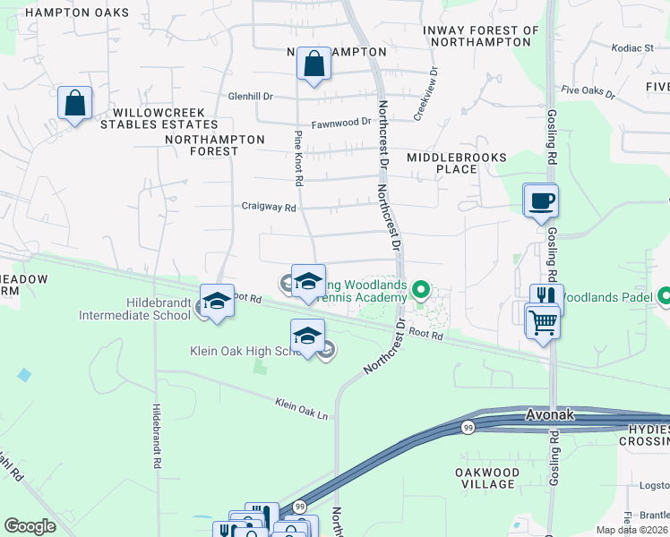 map of restaurants, bars, coffee shops, grocery stores, and more near 6311 Allentown Drive in Spring