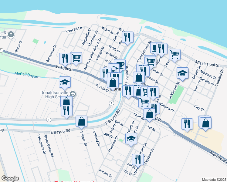 map of restaurants, bars, coffee shops, grocery stores, and more near 3739 Louisiana 1 in Donaldsonville
