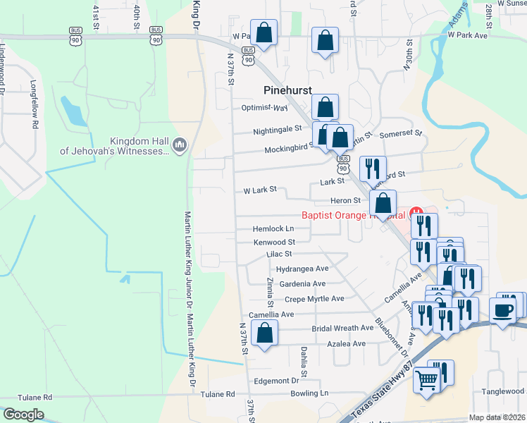 map of restaurants, bars, coffee shops, grocery stores, and more near 3669 Ridgemont Drive in Orange