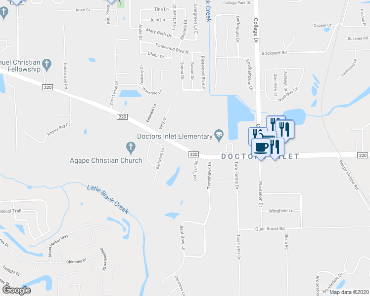 map of restaurants, bars, coffee shops, grocery stores, and more near 2752 Doctors Inlet Road in Middleburg
