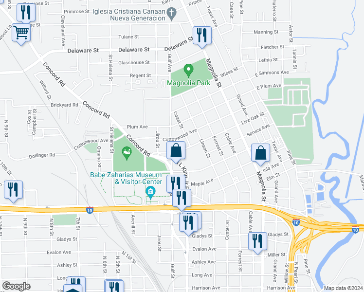 map of restaurants, bars, coffee shops, grocery stores, and more near 1450 Live Oak Street in Beaumont