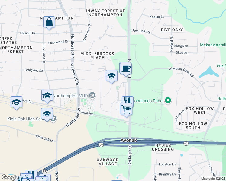map of restaurants, bars, coffee shops, grocery stores, and more near 23106 Hampton Forest Lane in Spring