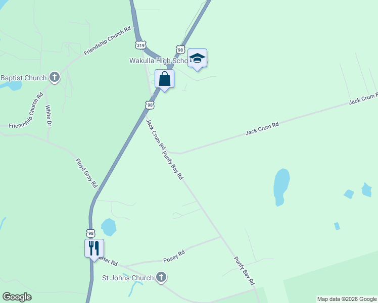 map of restaurants, bars, coffee shops, grocery stores, and more near 133 Jack Crum Road in Crawfordville