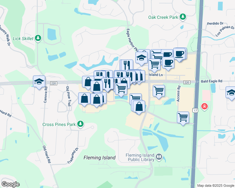 map of restaurants, bars, coffee shops, grocery stores, and more near 1615 County Road 220 in Fleming Island