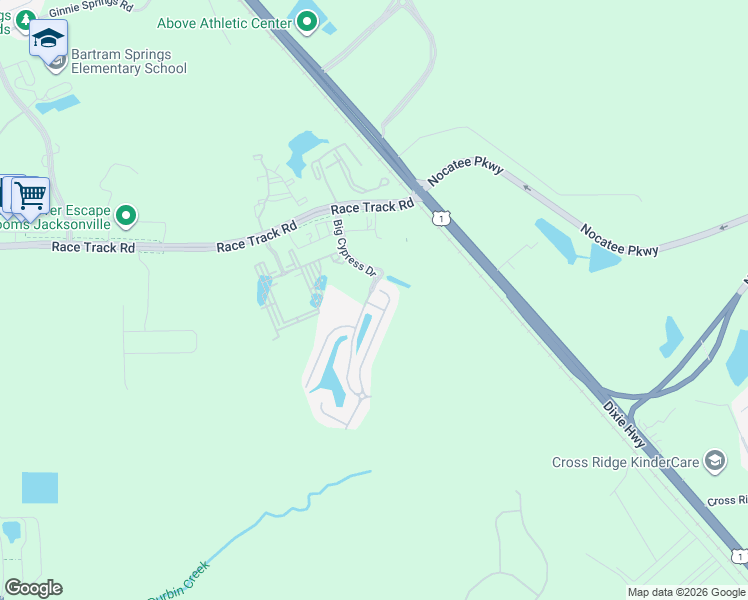 map of restaurants, bars, coffee shops, grocery stores, and more near 301 Cherry Way in Saint Johns