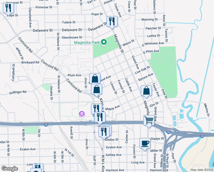 map of restaurants, bars, coffee shops, grocery stores, and more near 1395 Live Oak Street in Beaumont