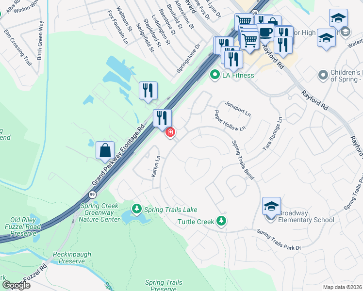 map of restaurants, bars, coffee shops, grocery stores, and more near 2026 Spring Trails Bend in Spring
