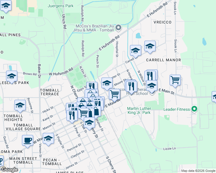 map of restaurants, bars, coffee shops, grocery stores, and more near 206 Moore Street in Tomball