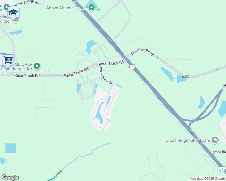 map of restaurants, bars, coffee shops, grocery stores, and more near 1045 Black Cherry Drive South in Saint Johns