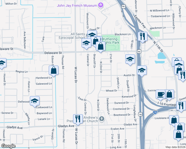 map of restaurants, bars, coffee shops, grocery stores, and more near 2101 Briarcliff Drive in Beaumont
