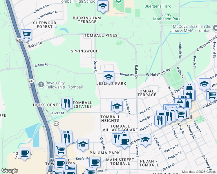 map of restaurants, bars, coffee shops, grocery stores, and more near 1110 Inwood Street in Tomball