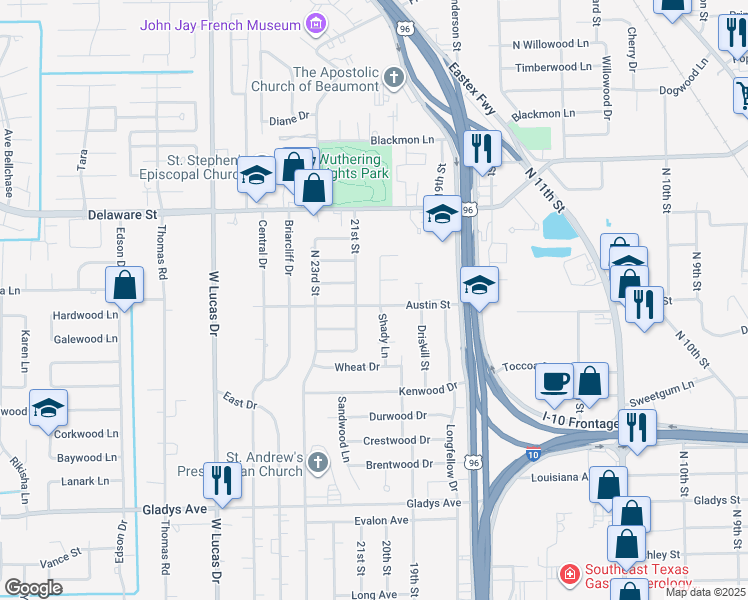 map of restaurants, bars, coffee shops, grocery stores, and more near 2125 Shady Lane in Beaumont