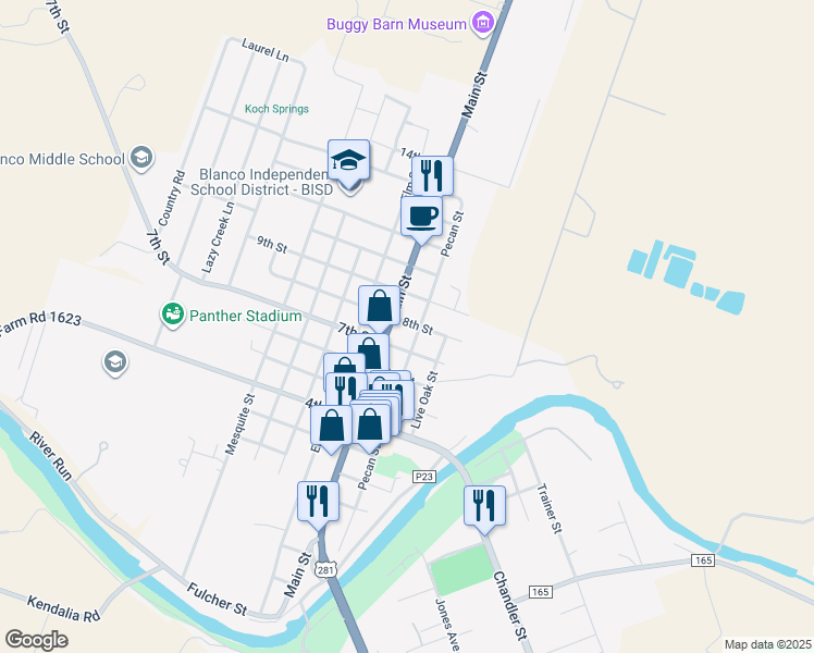 map of restaurants, bars, coffee shops, grocery stores, and more near 704 Pecan Street in Blanco