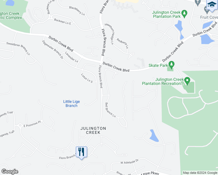 map of restaurants, bars, coffee shops, grocery stores, and more near 296 Bell Branch Lane in Jacksonville