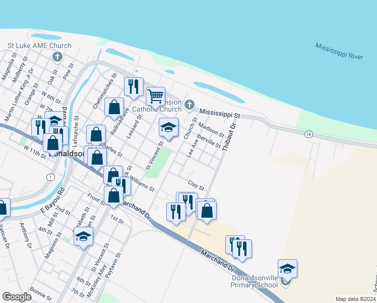 map of restaurants, bars, coffee shops, grocery stores, and more near 406 Lee Avenue in Donaldsonville
