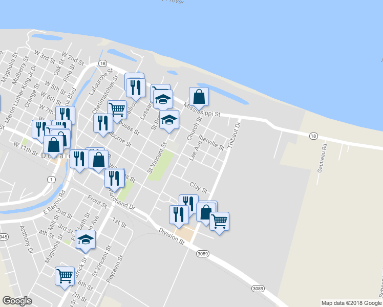 map of restaurants, bars, coffee shops, grocery stores, and more near 406 Lee Avenue in Donaldsonville