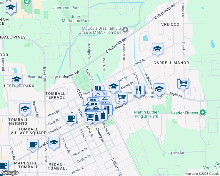 map of restaurants, bars, coffee shops, grocery stores, and more near 207 Peach Street in Tomball