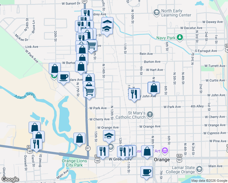map of restaurants, bars, coffee shops, grocery stores, and more near 1407 West John Avenue in Orange