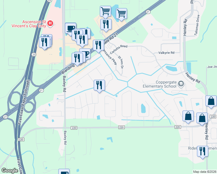 map of restaurants, bars, coffee shops, grocery stores, and more near 1854 Penzance Parkway in Middleburg