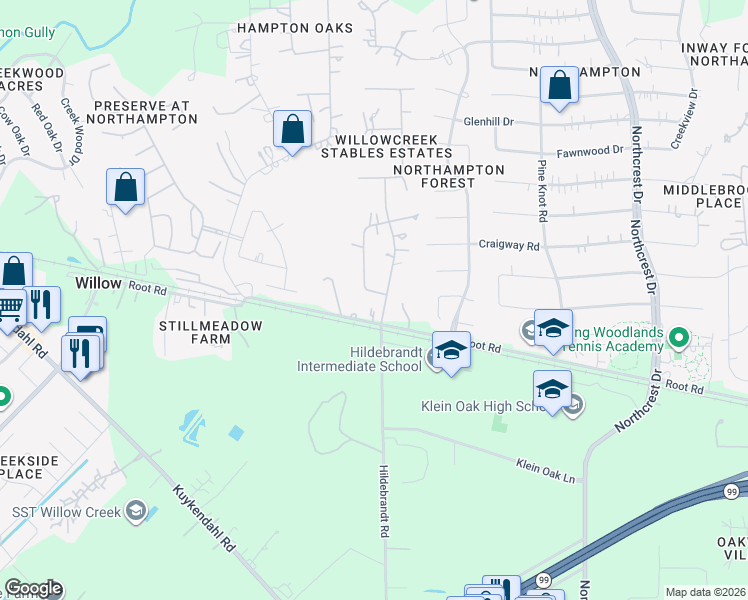 map of restaurants, bars, coffee shops, grocery stores, and more near 22903 Pampas Street in Spring