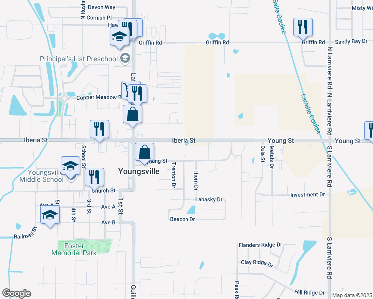 map of restaurants, bars, coffee shops, grocery stores, and more near Young Street in Youngsville