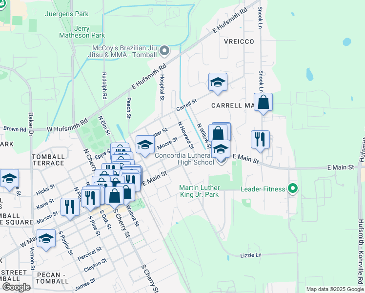 map of restaurants, bars, coffee shops, grocery stores, and more near 405 Moore Street in Tomball